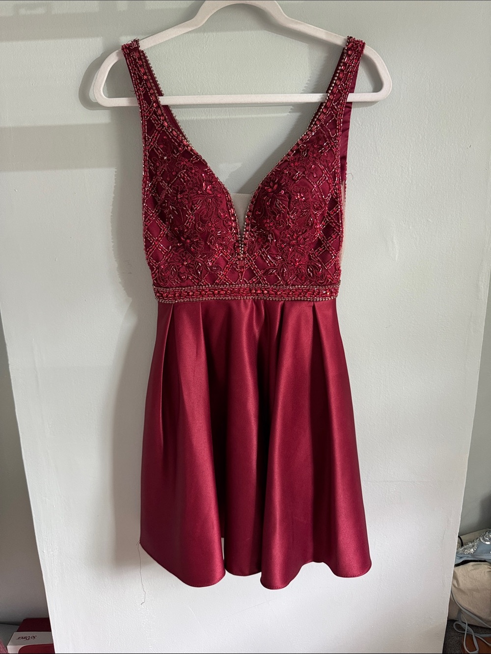 Beaded V-Neck Burgundy Mini Dress